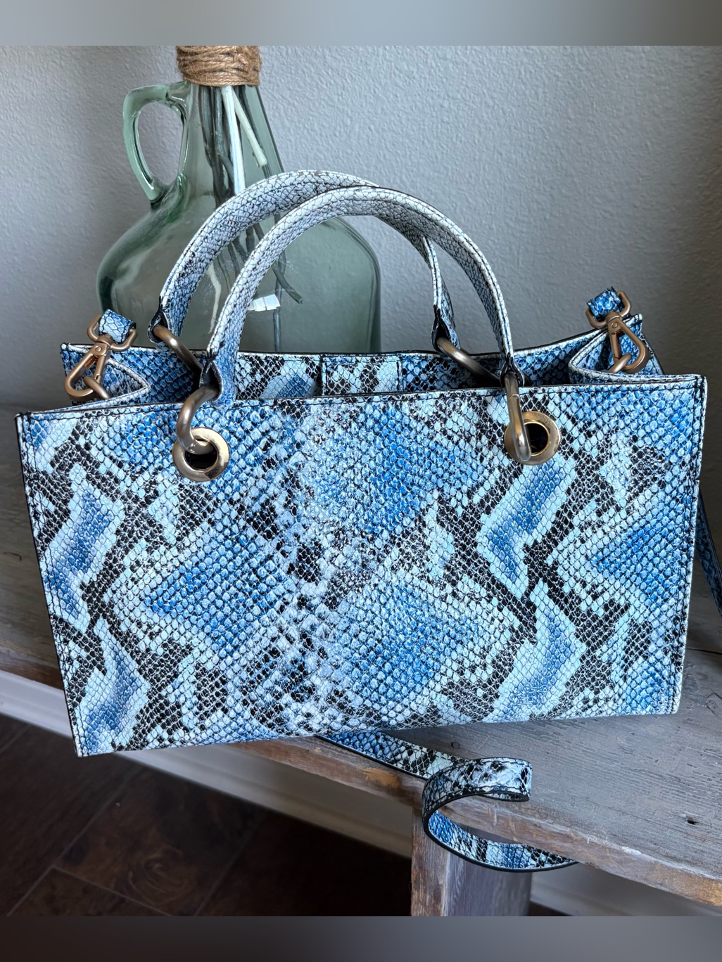 Anthropologie Blue Leather Snake-Print Handle Bag With Shoulder Strap